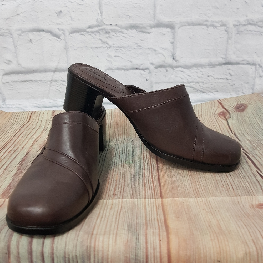 Clarks Leather Slip-On Block Heel Clog/Mules